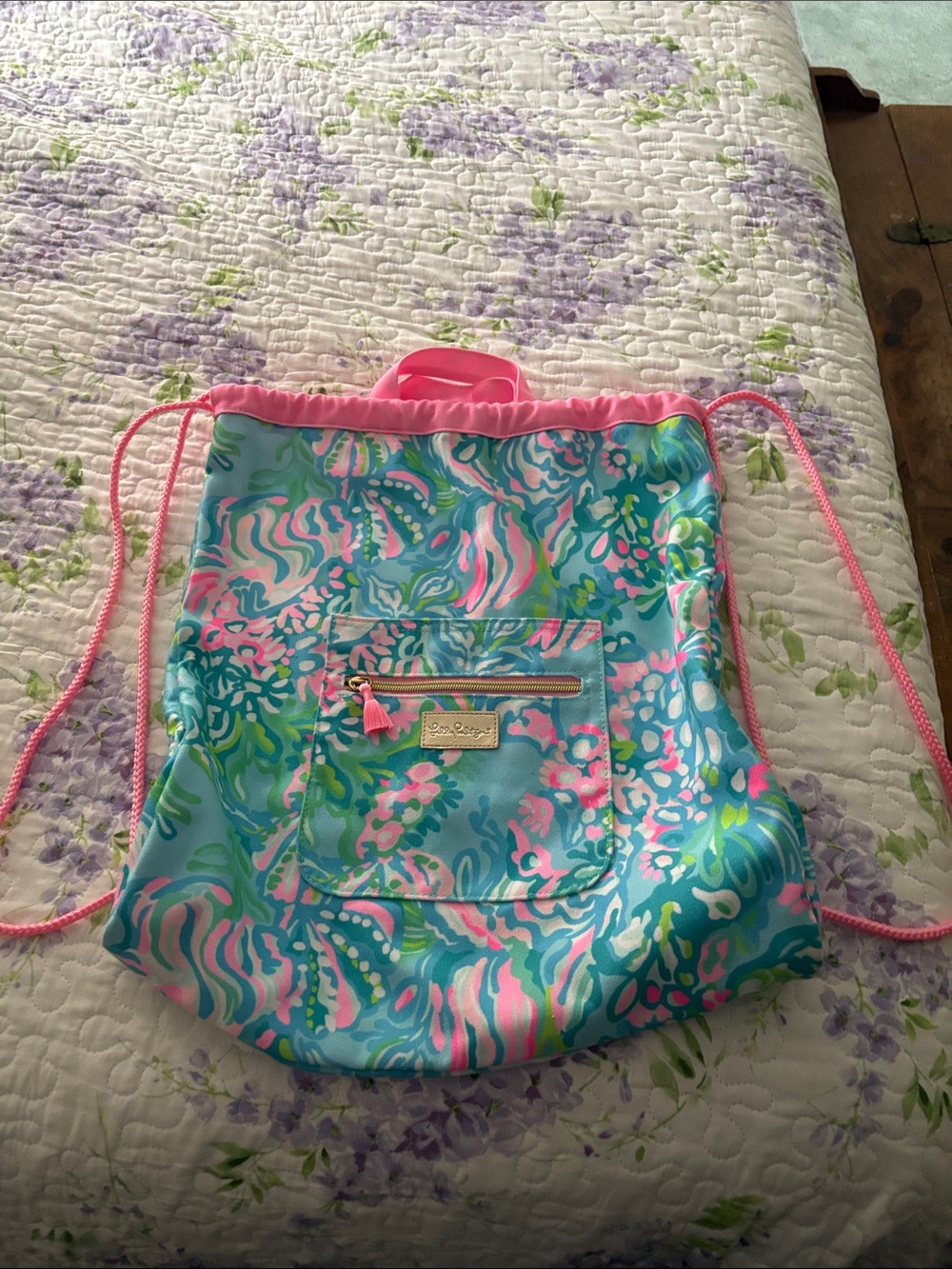 Lilly Pulitzer Turquoise Pink Floral Drawstring Swim Coverup Bag